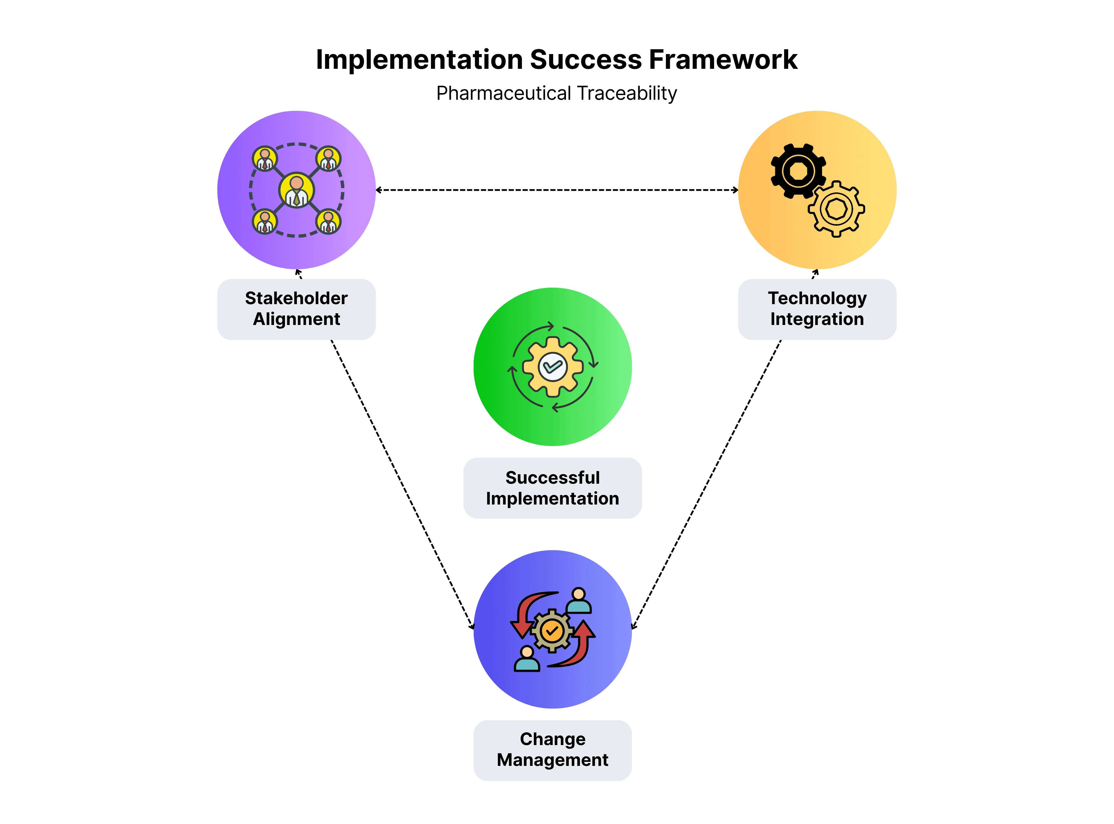 Pharmaceutical traceability implementation success framework showing stakeholder engagement, phased deployment, user-friendly technology, and training as key factors